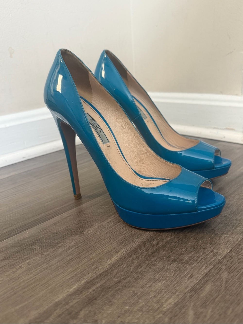 Prada Blue Patent Peep-Toe Stiletto Pumps